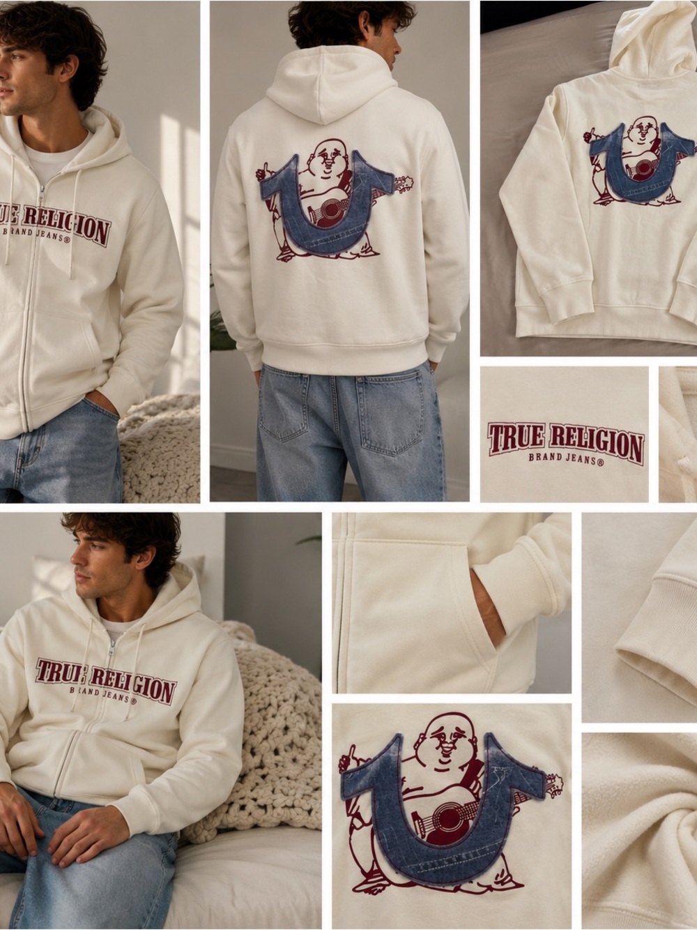 True Religion Winter White Zip-Up Hoodie with Subtle Logo
